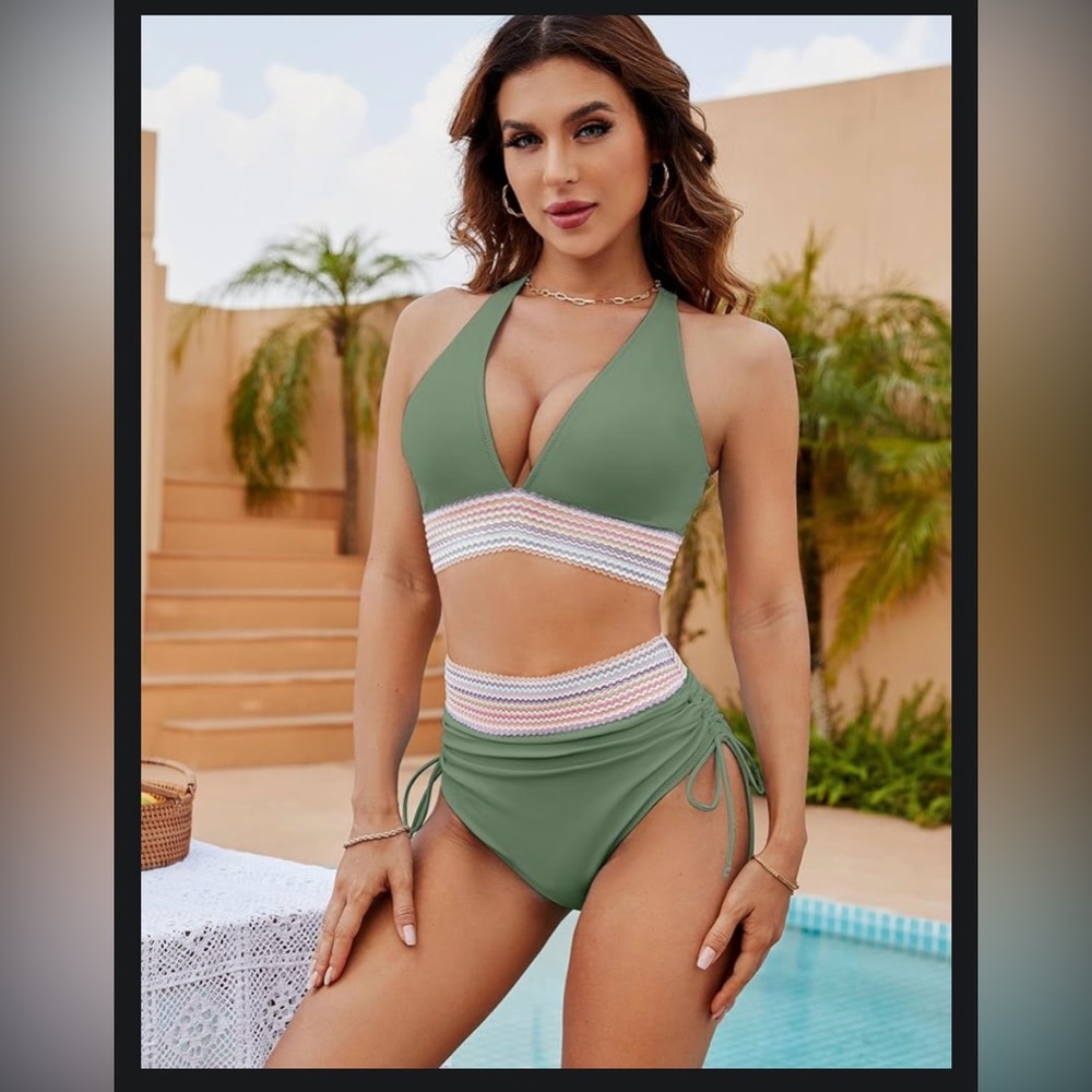 Blooming Jelly Womens High Waisted Bikini Set Color Block Tummy Control 2 pc